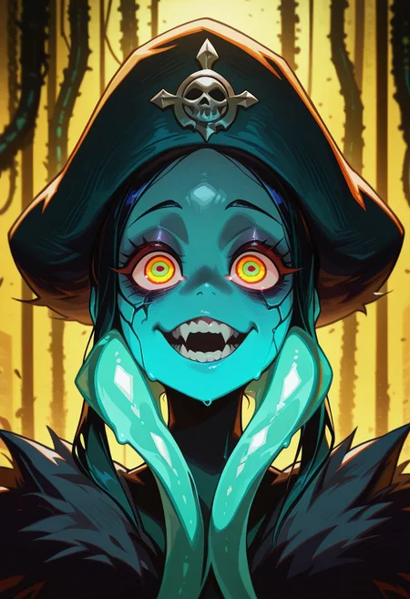 Mevak_PS, masterpiece, best quality, amazing quality, very aesthetic, high resolution, ultra-detailed, extremely detailed eyes, detailed face, absurdres, newest, best illumination, depth of field, complex background, detailed background, (masterpiece:1.1), (highest quality:1.1), a creepy looking ((silhuette)) with ((aqua gas flowing)) from their glowing eyes, with a yellow-orange background, teal, a character portrait, vanitas, (crazy), (eyes looking up:0.7)