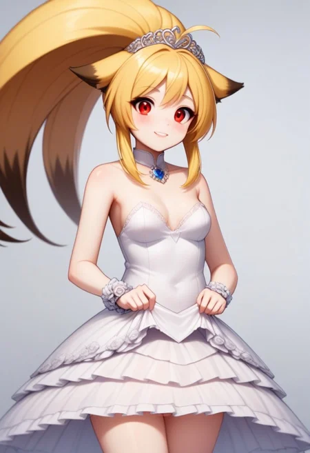 Xiaomu, Blonde, ponytail, red eyes, multicolored hair, brown hair tip, animal ears, small breast, bride outfit,