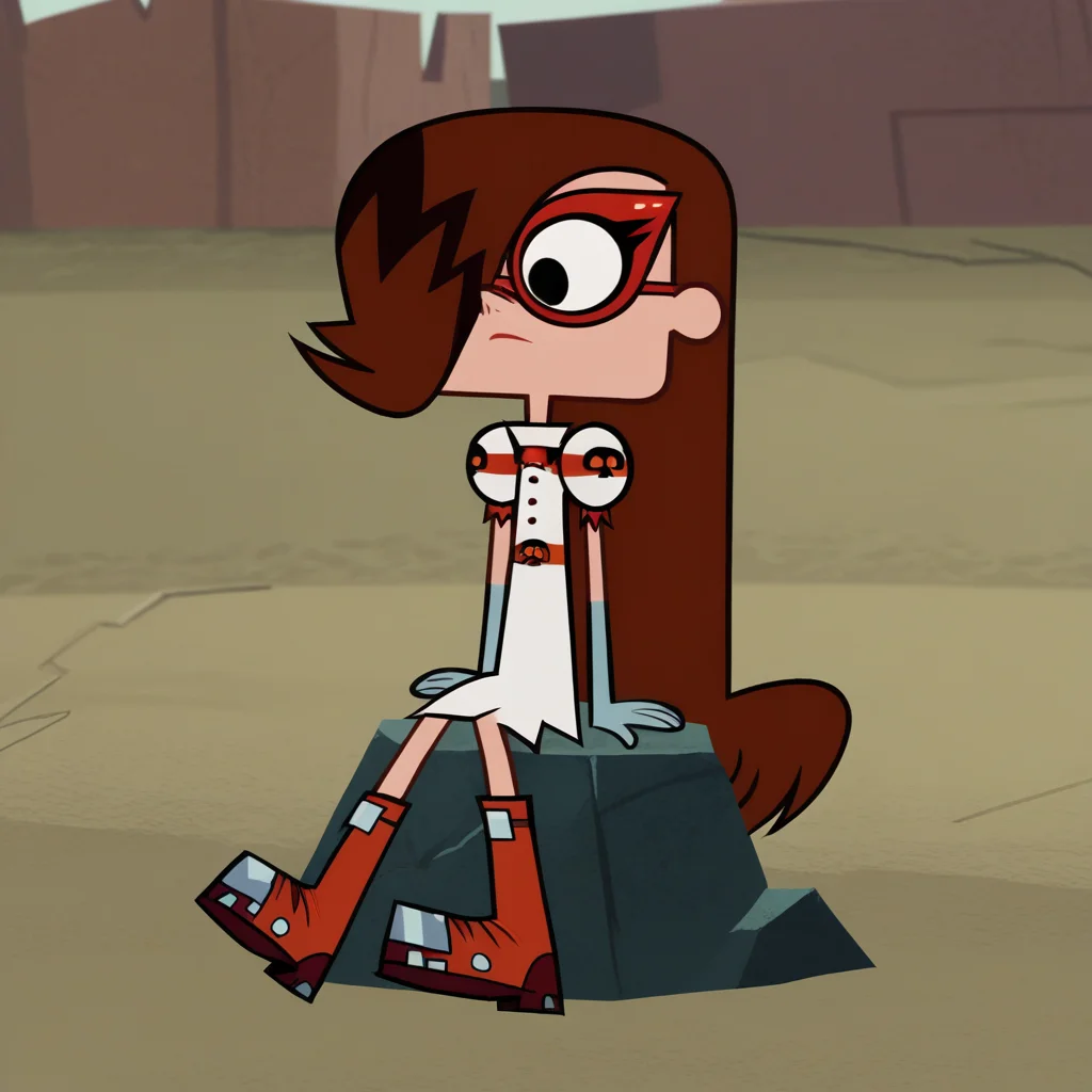score_8_up, BREAK, mandystruction, 1girl, solo, long hair, brown hair, hair over one eye, black eyes, glasses, red-framed eyewear, white dress, boots, sitting on rock, outdoors, <lora:MandyStruction_SK_PXL_Leaf1:0.8>