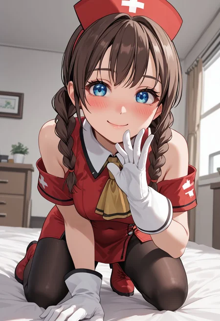 score_4,score_5,score_6,score_7_up,score_8_up,score_9 ((masterpiece,best quality,ultra detailed,highres,HD,4k:1.2)), 
1 cute girl,solo,girl focus,solo focus,face focus,
indoors,
Brown hair, blue eyes, droopy eyes,braided twin pigtails,pigtails over shoulder, 
red nurse cap, red headwear,
red dress,covered navel, bare shoulders, white gloves, red boots,gold ascot, Black tights,
smile,happy,closed mouth,blush,