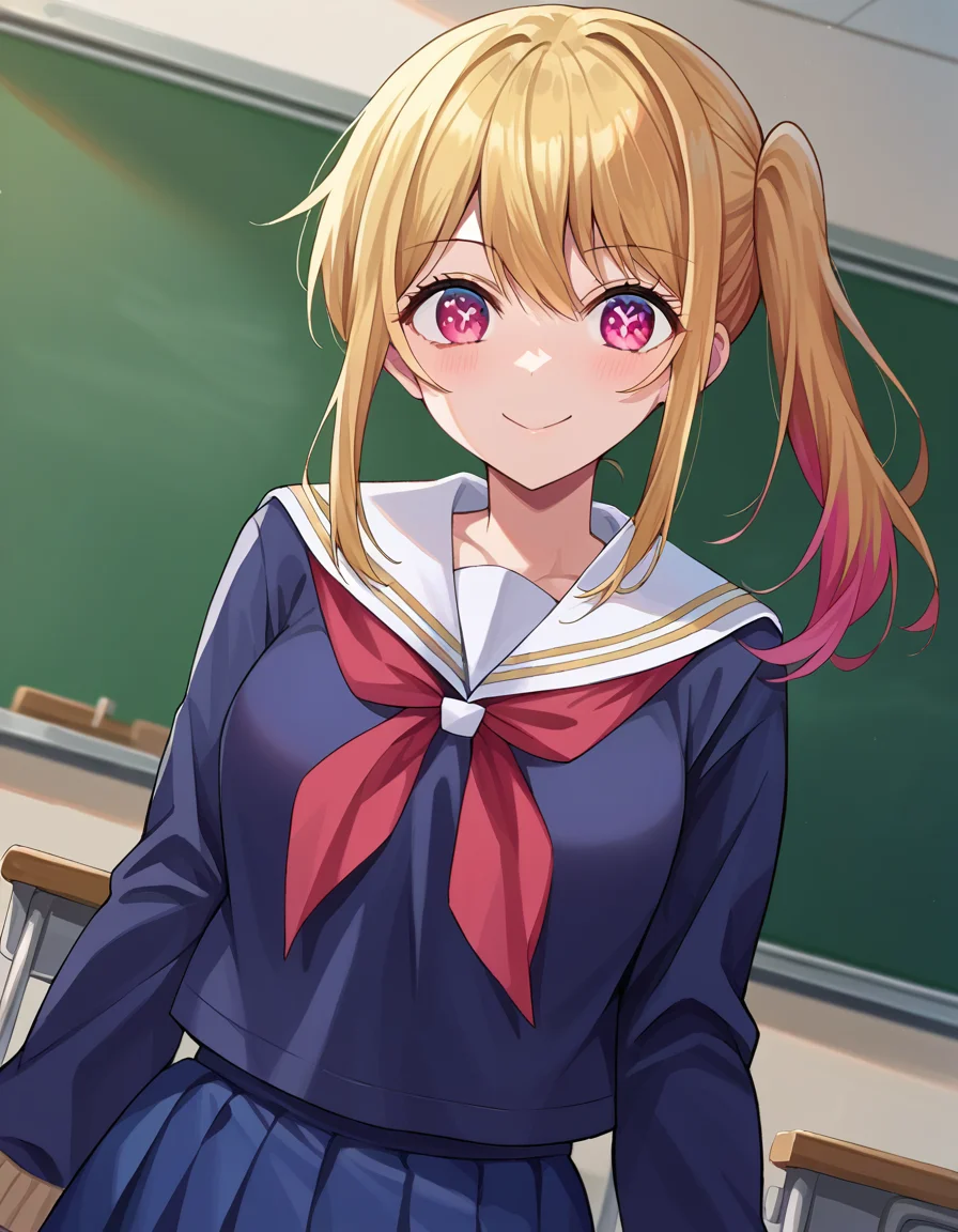 score_9, score_8_up, score_7_up, source_anime,
rubyhoshino, <lora:ruby-hoshino-ponyxl-lora-nochekaiser:1>,
ruby hoshino, long hair, bangs, blonde hair, pink eyes, sidelocks, symbol-shaped pupils, multicolored hair, two-tone hair, smile,
side ponytail, long sleeves, school uniform, serafuku, sailor collar, neckerchief, cardigan, red neckerchief, white sailor collar, skirt, blue skirt,
indoors, classroom,
looking at viewer, cowboy shot, dutch angle,