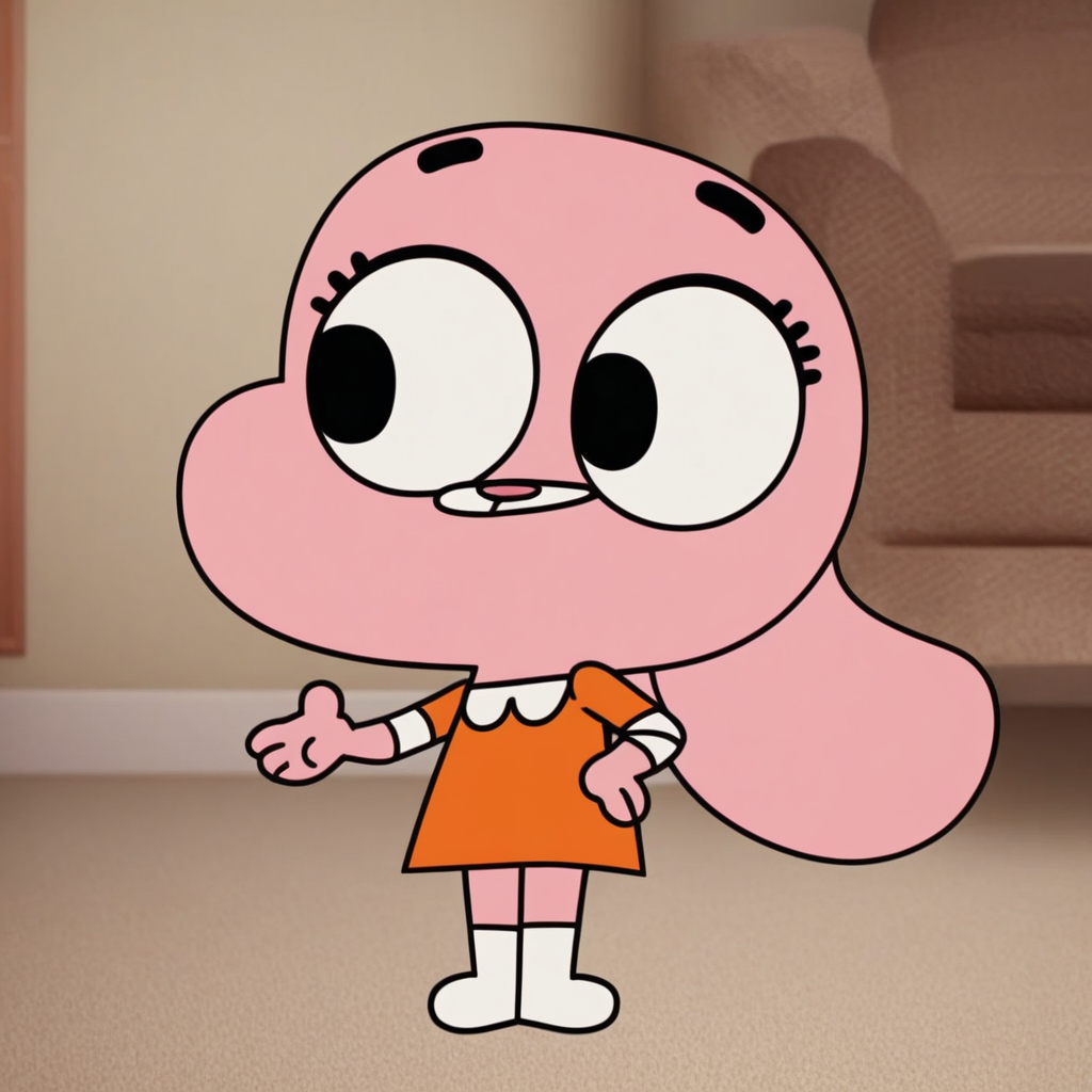 rabbit ears, big eyes, smile, Solo, black eyes, standing, white socks, in a living room, Score_9, white rabitt tail, short stature, expressive eyes, light pink skin, 1girl, full body, black eyebrows, orange dress with a white trim, anthropomorphic rabbit, Anais_TawoG, furry, red nose