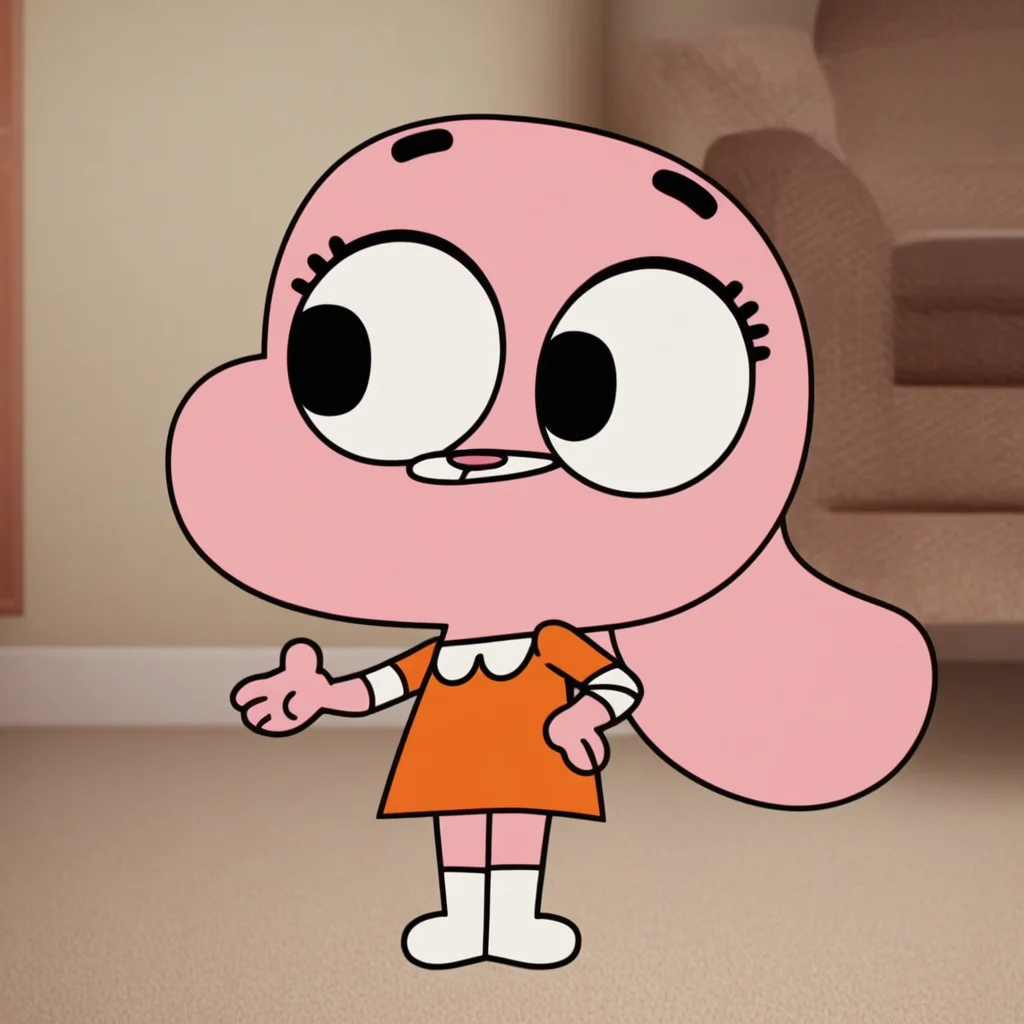 rabbit ears, big eyes, smile, Solo, black eyes, standing, white socks, in a living room, Score_9, white rabitt tail, short stature, expressive eyes, light pink skin, 1girl, full body, black eyebrows, orange dress with a white trim, anthropomorphic rabbit, Anais_TawoG, furry, red nose