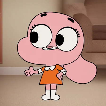 rabbit ears, big eyes, smile, Solo, black eyes, standing, white socks, in a living room, Score_9, white rabitt tail, short stature, expressive eyes, light pink skin, 1girl, full body, black eyebrows, orange dress with a white trim, anthropomorphic rabbit, Anais_TawoG, furry, red nose