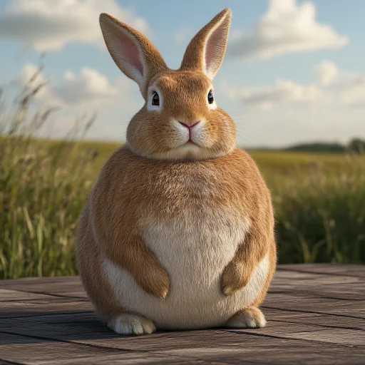 specifically a male deer, photorealistic CGI rendering of a plump, dominates the center of the image., open field. The cow, fluffy rabbit standing on a wooden floor. The rabbit has a rounded