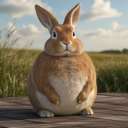 specifically a male deer, photorealistic CGI rendering of a plump, dominates the center of the image., open field. The cow, fluffy rabbit standing on a wooden floor. The rabbit has a rounded