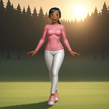 score_9, score_8, BREAK, solo, wii, mii, wii sports, 1girl, female mii, black eyes, black hair, black eyebrows, dark skin, open mouth, pink clothing, white pants, sneakers, nintendo mii, modern_mii, classic_mii, breasts, sakura_(wii_sports), cute, sexy pose, smile, outdoors, sunlight, shadows, evening lighting, natural lighting, forest, trees, grass, orange sky, sunset