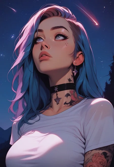Score_9, Score8_up, Score_7_up, (((High Resolution, Best Quality))), 
1girl, solo, Covered in Tattoos, her hand on her head, brushing hair behind ear, 
Graphic tshirt, tight t shirt, large natrual breasts, cutoff, choker, looking up at sky, 
On a Cliff overlooking a beach, night, night sky, at night, stars, shooting star,