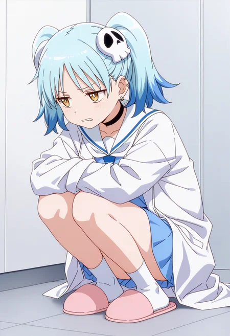 masterpiece,high quality details, absurdres,
<lora:Izutsumi_Marín:0.8>
izutsumi_cnr, 1girl, blue hair,yellow eyes, multicolored hair, skull hair ornament, twintails, black choker,ear piercing,
white sailor collar, blue serafuku, blue shirt,blue skirt,labcoat, white socks, slippers,, depressed,grimace,, x3,