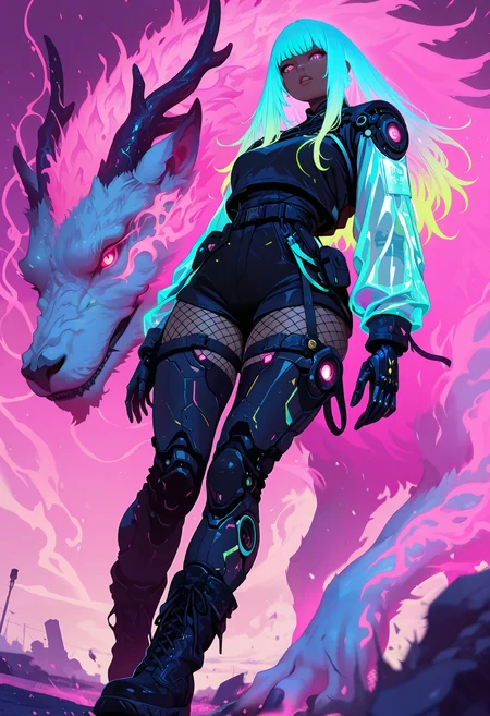 masterpiece, best quality, good quality, very aesthetic, absurdres, newest, 8K, depth of field, action, wabi sabi,
1girl, light skinned, android goddess, wearing combat shirt, combat boots, fishnets, short pants, holographic, holofoil glitter, faint, glowing, ethereal, neon hair, glowing hair, long hair, looking at viewer, parted lips, 
holographic neon white eastern dragon in background,hkcompanion, 
dynamic angle, motion lines, 