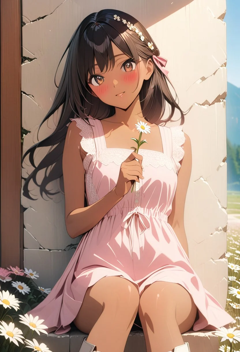 gorgeous lips, cinematic, (masterpiece), (best quality), (ultra-detailed), very aesthetic, illustration, perfect composition, intricate details, absurdres, detailed face, (anime, masterpiece, intricate:1.3), (best quality, hires textures, high detail:1.2), brown eyes,
1girl, brown skin, tan skin, very long black hair, wavy hair,perfecteyes, 8k, highest quality, ultra details,1girl, solo, pink checkered backless sleeveless sundress with a bow, white knee height boots, pink hair ribbon, standing, surrounded by daisies, legs crossed, leaning against a wall of pink daisies, daisies entire background, facing viewer, spring season, cinematic lighting, hair blowing in the wind, dress blowing in the wind, playing with hair, blush, cute smile, head tilt, happy, holding a flower,daisy in hair, daisies cover the entire ground, flower petals blowing in the wind, from the front, photoshoot, cowboy shot,