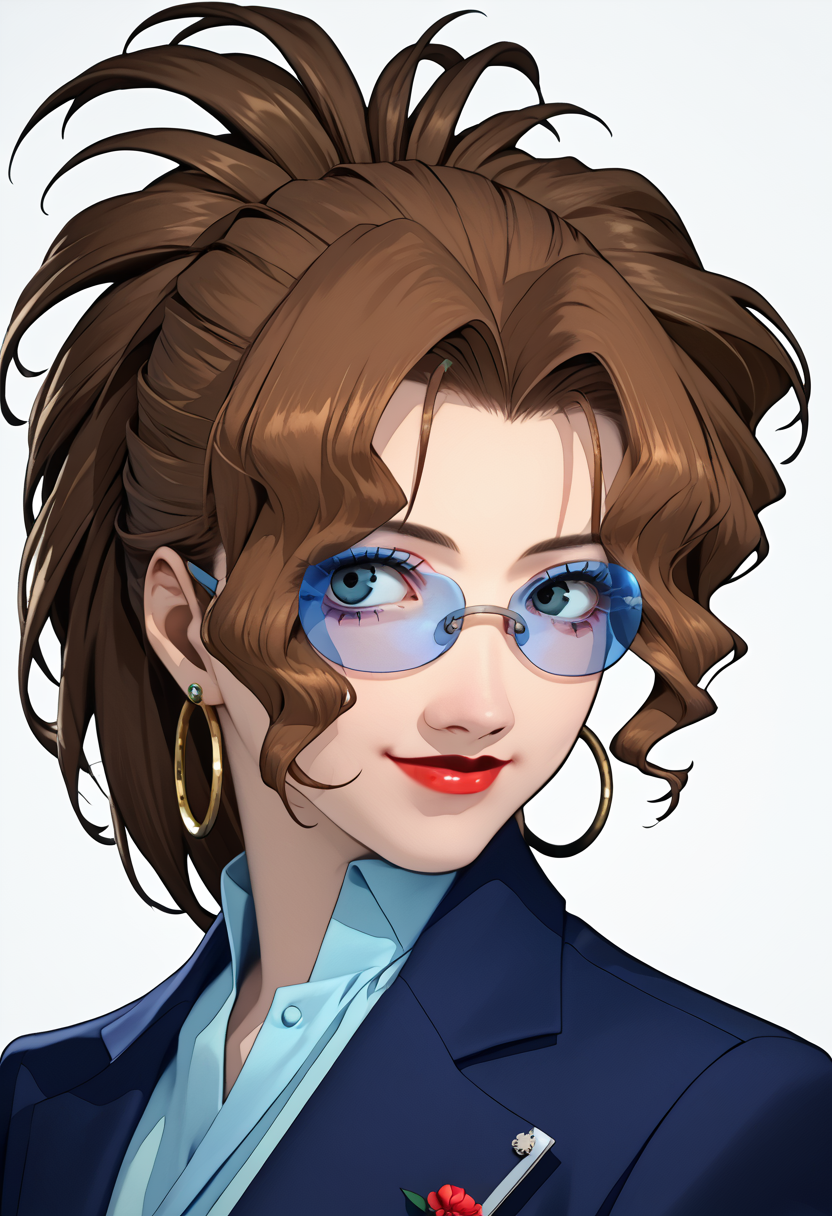 score_9, score_8_up, score_7_up, source_anime, p3reloadportraits, portrait, 1girl, karen, brown hair, short ponytail, long hair, blue-tinted eyewear, under-rim eyewear, lipstick, makeup, hoop earrings, blue blazer, smile, looking at viewer, white background <lora:Persona3ReloadPortraitsXL:1>  <lora:Karen3216PDXL:1>