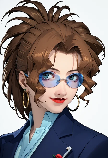 score_9, score_8_up, score_7_up, source_anime, p3reloadportraits, portrait, 1girl, karen, brown hair, short ponytail, long hair, blue-tinted eyewear, under-rim eyewear, lipstick, makeup, hoop earrings, blue blazer, smile, looking at viewer, white background <lora:Persona3ReloadPortraitsXL:1> <lora:Karen3216PDXL:1>