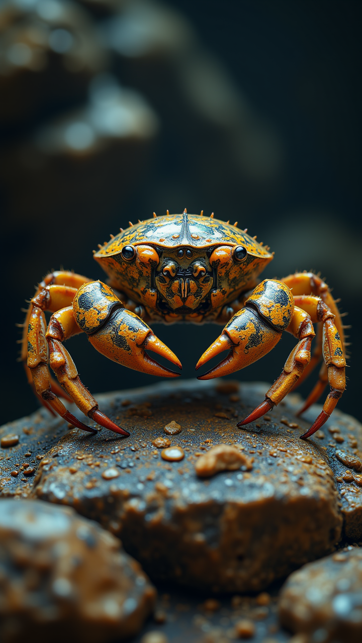 art by Luc Besson, Digital art, Photograph, Crab, the Crab is wearing a Helmet, its Helmet is Black and Mustard Yellow and is made of Tungsten and Peridot, Fuji superi400, 50mm, aidmaMJ6.1, aidmaimageupgrader