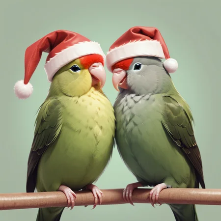 lovebirds wearing Christmas hats, birb <lora:Birb_XL_kk-000005:1>