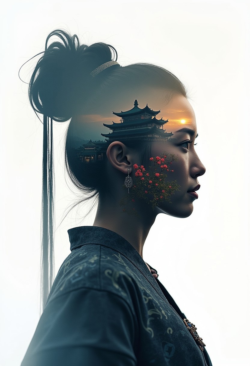 masterpiece, double exposure, silhouette of chinese warrior woman, hair ornament, face and neck, filled with a chinese palace, highest definition, HD32K, wallpaper, crisp lines, double exposure background, hyperdetailed, concept art, detailmaximizer