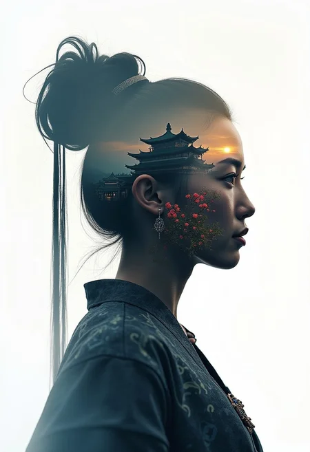 masterpiece, double exposure, silhouette of chinese warrior woman, hair ornament, face and neck, filled with a chinese palace, highest definition, HD32K, wallpaper, crisp lines, double exposure background, hyperdetailed, concept art, detailmaximizer