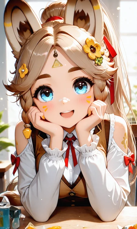 masterpiece, cute, lovely, (best quality:1.3), best quality, (amazing quality:1.3) ,very aesthetic, high resolution, absurdres, newest, 1girl, solo, perfect eyes, intricate eyes, Kachina_Genshin, animal ears, long hair, braid, high ponytail, brown hair, thick eyebrows, facial mark, blue eyes, parted bangs, tattoo, animal_tail, very cute, light particles, cute details, cute colors, (medium_breasts:1.3), BREAK, blush, brown vest, clothing cutout, flower, frilled sleeves, frills, hair ornament, hair ribbon, hand on own cheek, hand on own face, head rest, looking at viewer, neck ribbon, one side up, open mouth, red ribbon, ribbon, shirt, shoulder cutout, sunlight, upper body, vest, white shirt, yellow flower, bow, hair flower, jacket, smile, collared shirt, long sleeves, red bow, white jacket,:d, orange nails, frilled collar, eighth rest, hand on own chin