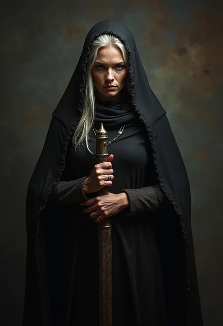 Ultra realistic Portrait of a wicked 80yo female medieval warlock.