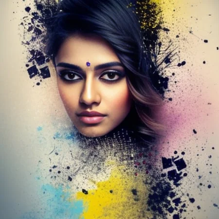 Beautiful indian woman, highly detailed, bright colored graffiti, in the style of dispersion