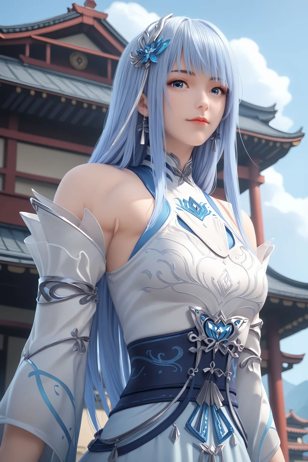 score_9, score_8_up, score_8, source_real,real skin, rating_explicit, ExpresiveH, best quality, unreal engine,game,cg, very aesthetic, CG, masterpiece, ultra high res, highres, More Details, high rating,Intricate and refined delicate details, looking at viewer,
<lora:age_slider_v4:2>,
<lora:xiaodie3:1>, 1girl, solo, hair ornament, blue eyes, long hair, detached sleeves, dress, bracelet, bangs, blue hair, bare shoulders, closed mouth, blue sky, sky, outdoors, east asian architecture, upper body,