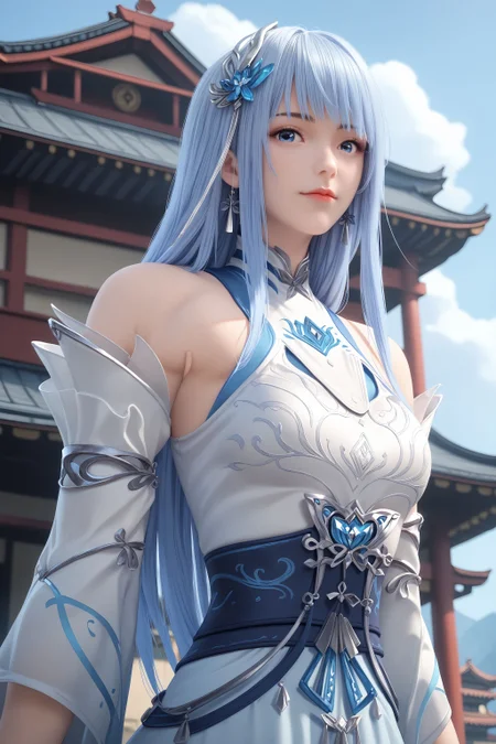 score_9, score_8_up, score_8, source_real,real skin, rating_explicit, ExpresiveH, best quality, unreal engine,game,cg, very aesthetic, CG, masterpiece, ultra high res, highres, More Details, high rating,Intricate and refined delicate details, looking at viewer,
<lora:age_slider_v4:2>,
<lora:xiaodie3:1>, 1girl, solo, hair ornament, blue eyes, long hair, detached sleeves, dress, bracelet, bangs, blue hair, bare shoulders, closed mouth, blue sky, sky, outdoors, east asian architecture, upper body,