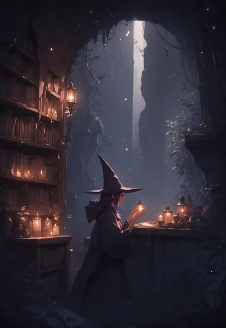high elf, hermit witch, jill stingray, (twintails:1.2), dark purple hair, red eyes. fantasy sorceress clothes, from side, taking out a book from a bookcase, library, 0ddmag1c, oddity, ((clean lines, source: anime, detailed fingers, high quality, best quality, masterpiece, rating: g score: 9, score: 8 up)), in well lit cave, tree roots, small fairy lanterns, witch tools, great lighting, floating shining stars, shining golden particles, perfect hands, great lighting, d4rkv1b3,