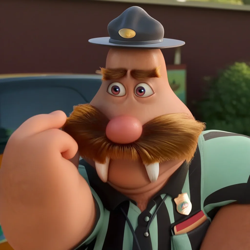 masterpiece, absurdres, highly detailed, Wally walrus, walrus, furry male, anthro, webbed feet, large mustache, camp counselor uniform, tanger hat, ranger badge, black tie, tusks, big red nose, thick eyebrows, bald, green vest, white dress shirt, suspenders holding up pants, brown pants, black and white striped shirt, black cap, black shorts, red whistle around neck, barefoot, portrait, close up, face shot,
