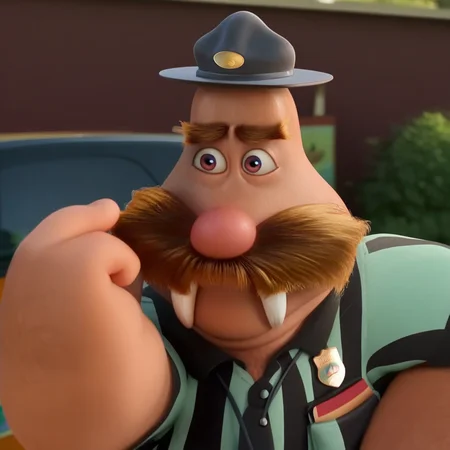 masterpiece, absurdres, highly detailed, Wally walrus, walrus, furry male, anthro, webbed feet, large mustache, camp counselor uniform, tanger hat, ranger badge, black tie, tusks, big red nose, thick eyebrows, bald, green vest, white dress shirt, suspenders holding up pants, brown pants, black and white striped shirt, black cap, black shorts, red whistle around neck, barefoot, portrait, close up, face shot,