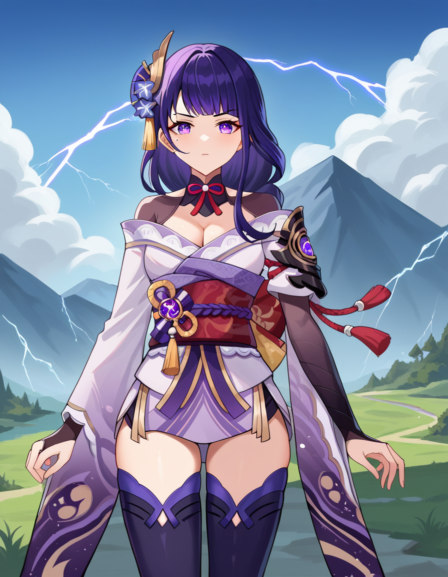 score_9, score_8_up, score_7_up, source_anime,
raidenshogun, <lora:raiden-shogun-ponyxl-lora-nochekaiser:1>,
raiden shogun, braid, braided ponytail, hair flower, hair ornament, long hair, mole, mole under eye, purple eyes, purple flower, purple hair, single braid, sidelocks,
black gloves, black thighhighs, bridal gauntlets, cleavage, gloves, gold trim, japanese clothes, kimono, neck ribbon, neck tassel, obiage, obijime, off shoulder, purple kimono, red ribbon, red sash, ribbon, sash, short kimono, tassel, tassel hair ornament, thighhighs, thighs, vision (genshin impact), zettai ryouiki
outdoors, mountain, lightning, thunder, clouds, dark clouds,
looking at viewer, dynamic pose,