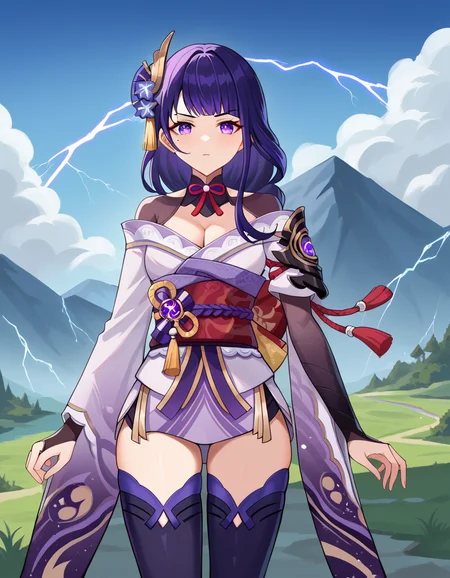 score_9, score_8_up, score_7_up, source_anime,
raidenshogun, <lora:raiden-shogun-ponyxl-lora-nochekaiser:1>,
raiden shogun, braid, braided ponytail, hair flower, hair ornament, long hair, mole, mole under eye, purple eyes, purple flower, purple hair, single braid, sidelocks,
black gloves, black thighhighs, bridal gauntlets, cleavage, gloves, gold trim, japanese clothes, kimono, neck ribbon, neck tassel, obiage, obijime, off shoulder, purple kimono, red ribbon, red sash, ribbon, sash, short kimono, tassel, tassel hair ornament, thighhighs, thighs, vision (genshin impact), zettai ryouiki
outdoors, mountain, lightning, thunder, clouds, dark clouds,
looking at viewer, dynamic pose,