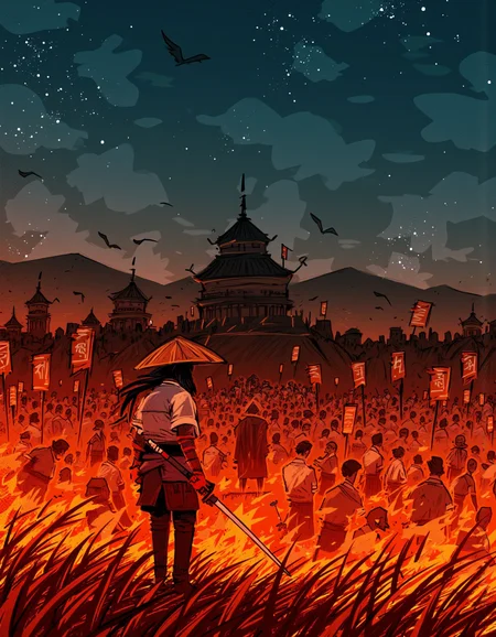 By Alex Vede. A digital illustration shoot from a profile camera angle about a silhouette of a person standing amidst a fiery landscape with a pagoda in the distance, under a starry night sky. the image also shows a large crowd of people in the foreground, with tall grasses and a distant pagoda. on the middle of the image, a 1boy, who appears to be a young adult, with long black hair, wearing a traditional japanese outfit and a conical hat, is standing with a sword in hand, facing away from the viewer. the character is positioned in the center of the frame, with the fire in front of them. the background features a dark, stormy sky with a few birds flying around, adding to the dramatic atmosphere of the scene.
1girl, solo, long hair, holding, standing, weapon, outdoors, sky, cloud, sword, grass, night, star \(sky\), night sky, fire, pagoda
camera_angle: profile, art_style: digital illustration, location: outdoor, near a fire, background: A large fire with tall pagodas in the background, surrounded by grasses, text: NA, image_composition: middle, clothing: traditional Japanese attire, hair_color: black, distance_to_camera: full body, hair style: long hair and ear, action: standing with sword, accessory: hat, facial_expression: determined, eye_direction: looking at viewer, pants: NA
