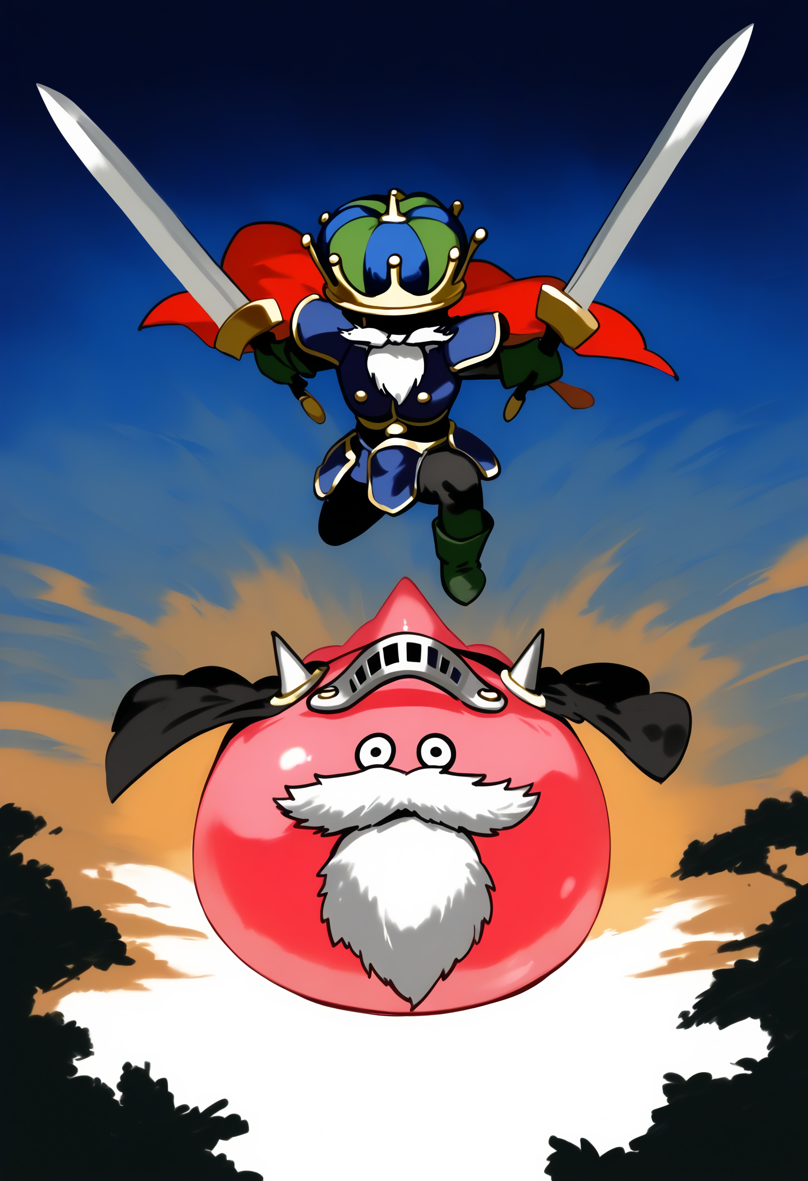 score_9,score_8_up,score_7_up,best quality,masterpiece,super detailed,extreme detailed,full_body,zPDXL BREAK nature,field,
<lora:Pony_DetailV2.0:1> BREAK shogum,slime (dragon quest),armor,beard,cape,crown,dual wielding,holding sword,no humans,riding,<lora:shogum-000028:1>,sketch,jumping,