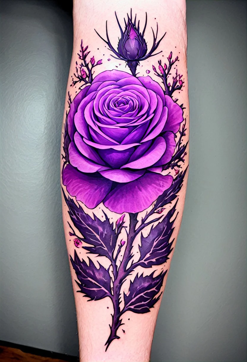 a forearm tattoo of a purple rose with cherry blossoms surrounding it