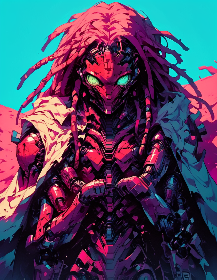 score_9, score_8_up, score_7_up, score_6_up, 
zPDXL3, realistic,
film grain, 
solo, DemonEngin3, no humans, mechanical eyes, robot, mecha, green mechanical eyes, many eyes ,(red cyborg body:1.5), beaten white cloak, torn clothing, science fiction, cyborg, mechanical parts, many arms, god engine, humanoid robot,( pink dreadlocks:1.4), black braids, viking, (male:1.1), 1boy, 
science fiction,
 sinozick style, flat color, dark theme, Expressiveh, l0g0,
 simple background, vivid teal background
<lora:add-detail-xl:1> <lora:Cyberdemon_Engine-Grim:1.2>  <lora:Sinozick_Style_XL_Pony:0.6>  <lora:BioPunky:0.5>