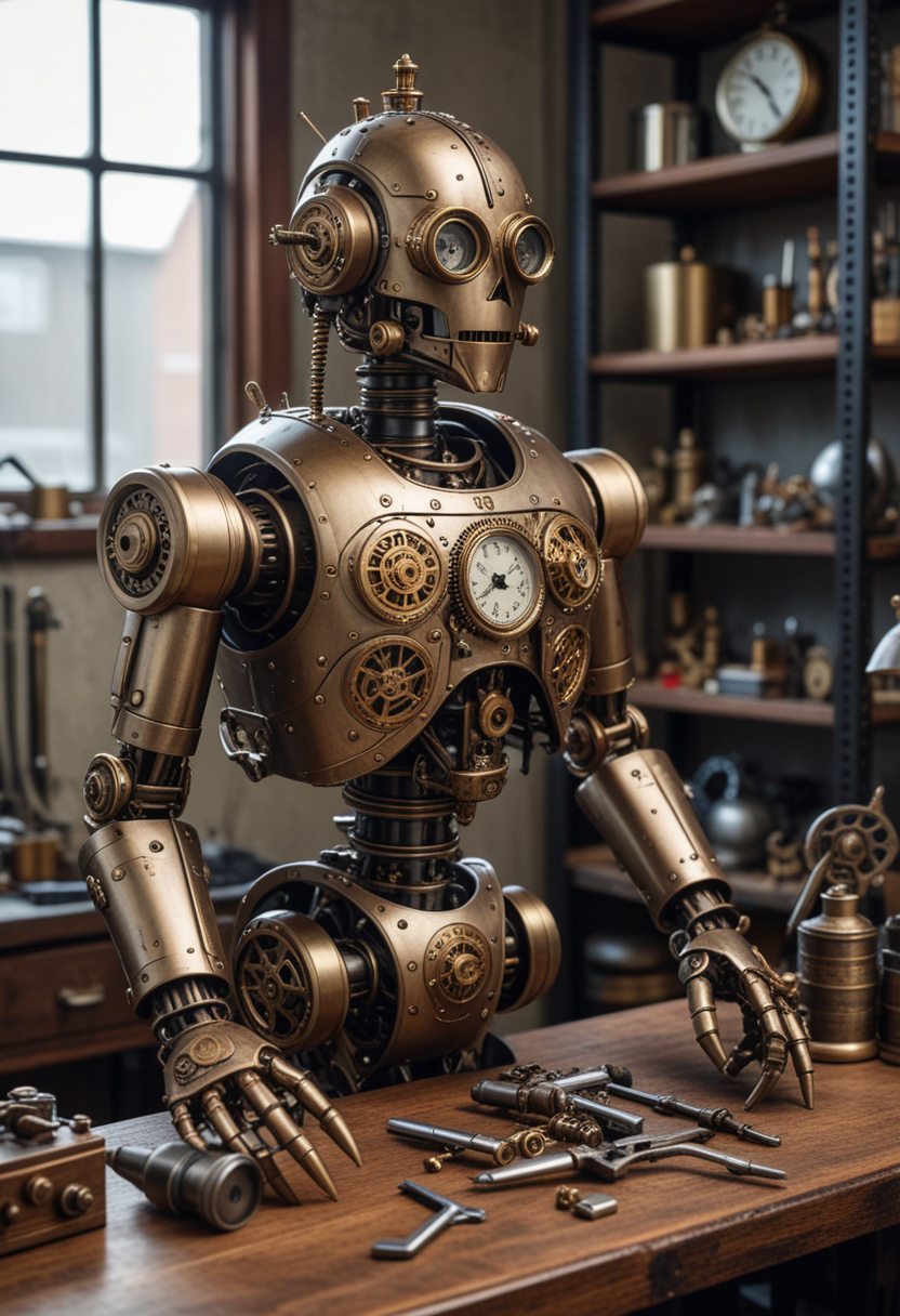 (medium full shot) of complex steampunk robot, steel body, with gearwork, helmet with intricate designs, brass arms, brass pocket watch, set in  a minimalist workshop, with clean lines, organized tools, simple yet elegant workstations, and tasteful mechanical decorations, Masterpiece,best quality, photo, realistic, very aesthetic