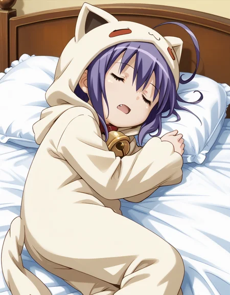 <lora:KuroiSumi_pony_3a-000034:0.9> 1girl, solo, kuroi sumi, animal kigurumi pajamas, sleeping, on bed, on side, neck bell, open mouth, fang