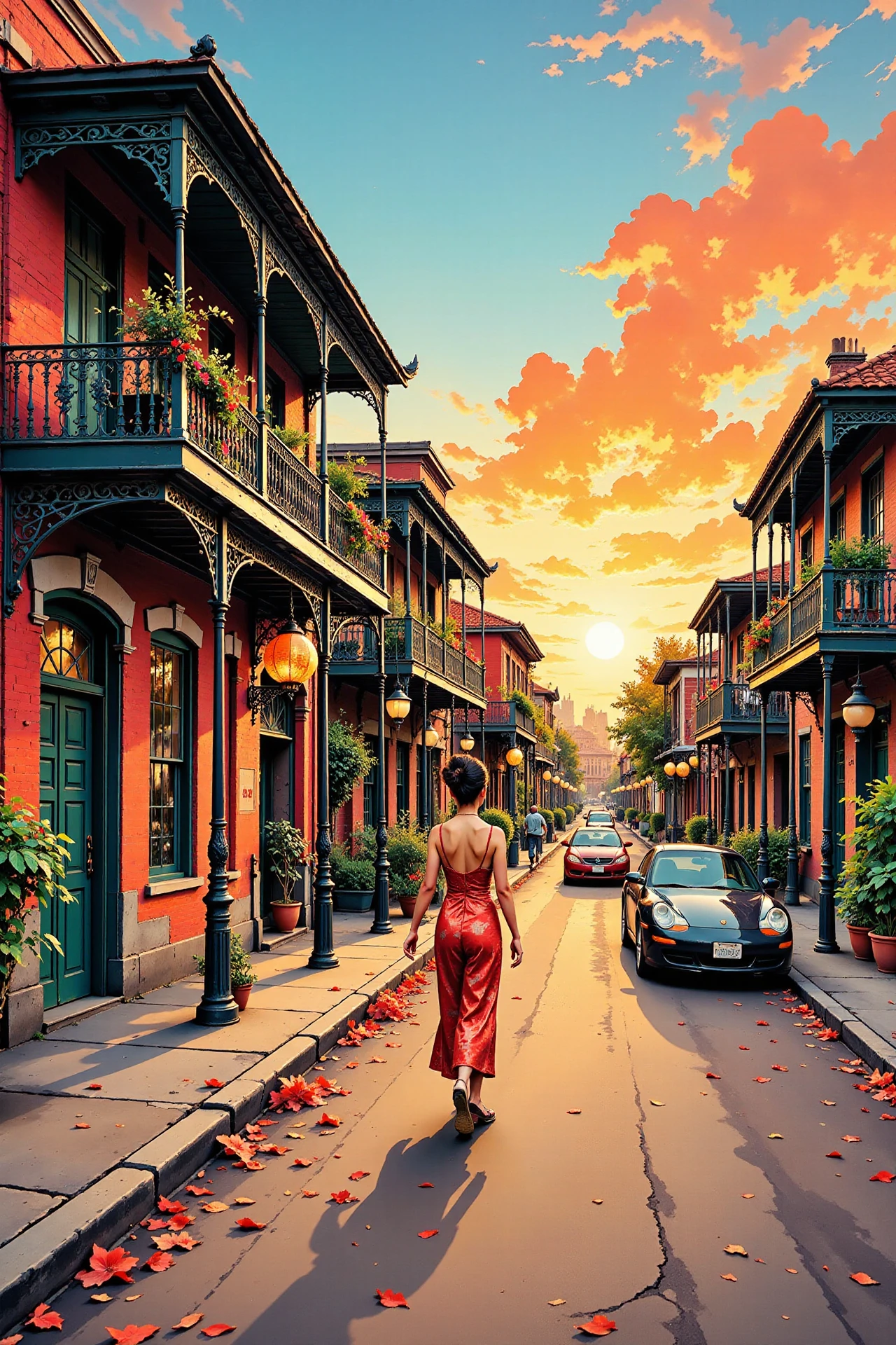 New Orleans, Louisiana beautiful  anime landscape, golden hour, woman, very intricate, very detailed, sharp, bright, colorful, <lora:Hand v2:0.5> <lora:Anti-Blur:1><lora:Insane Detail Slider:0.25>  <lora:flux.1_lora_flyway_Epic-detail_v2:0.3> <lora:fluxenhancer:0.25> <lora:ROWER:0.6> <lora:flux-charmer-v1-1:0.4> <lora:Chinese_Ink:0.6> chinese ink style