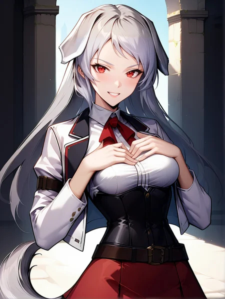 score_9, score_8_up, score_7_up, source_anime
1girl, solo,
pursena adoldia, red eyes, long hair, (grey hai, dog ears, grey dog ears,,dog tail, short tail
red skirt, black corset, (white shirt), white jacket, red ribbon, bow, black pantyhose, belt, smile, happy
medium breasts, happy
hands on chest ,castle, upper body,
<lora:Expressive_H:0.2> <lora:housechores-guy-PONYv1:0.4> <lora:pursena 0.1:1>