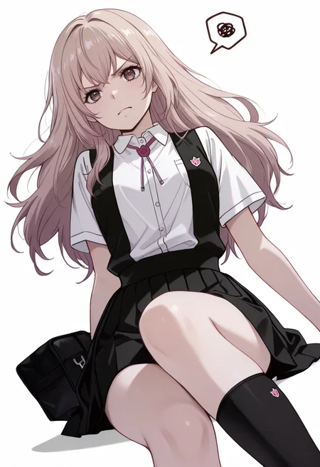 masterpiece,high quality details, absurdres,
<lora:Kazusa_Ootori_V2:0.8> kazusa_cnr, 1girl, light brown hair, long hair, brown eyes,kazusa_s1, school uniform, white shirt, short sleeves,pleated skirt, suspender skirt,ribbon, socks, kneehighs,, simple background, white background, dynamic angle,solo,, annoyed,crazy,