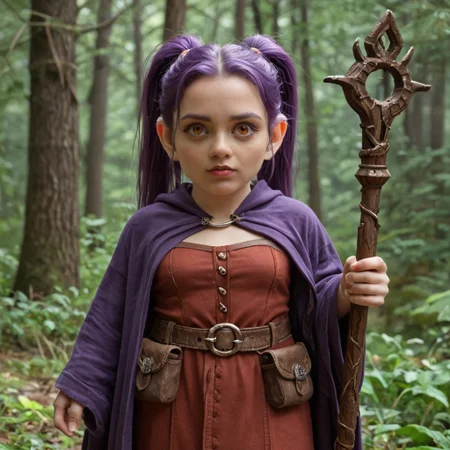 CyberRealisticPony_POSV1, gnome, short stature, shortstack, big eyes, big ears, 1girl, hazel eyes, purple hair, pig tails, wizard robes, belt pouch, staff, forest, fantasy inn