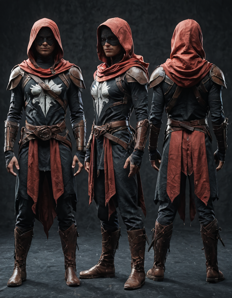 , masterpiece, best quality,  <lora:characterDesignSheetQuiron_illus:1>   characterDesignSheetxQuiron,    standing, full body,  multiple views, Ezio Auditore (Assassin's Creed): Ezio's white assassin robes consist of a long-sleeved tunic with a hood, decorative patterns, and a red sash around the waist. He wears leather bracers, boots, and a brown belt with a hidden blade mechanism.
