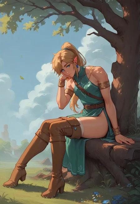 {score_9, score_8_up, score_7_up, score_6_up, 1boy, solo, focus, 2d, source_anime, anime}, {linkxl, link, male, Femboy, blue eyes, Make-up, Earrings, blonde hair, Long hair, High ponytail}, {Green outfit, original clothing, thighs, pelvic curtain, brown boots, thigh high boots}, {Back on tree, rest on tree, outdoors, open field}
