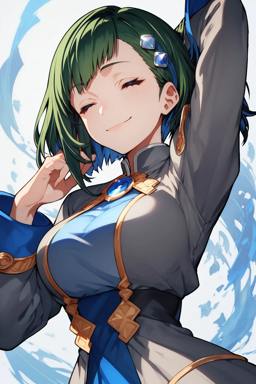 score_9, score_8_up, score_7_up, 1girl, looking at viewer, hand_behind_head, closed eyes smile, dark green hair, multicolored hair, asymmetrical fringe, hair ornament, Sapphire eyes, large breasts, grey coat, vanishing point, detailed background, <lora:mika_pikazo_PonyXL_style_v01:1>