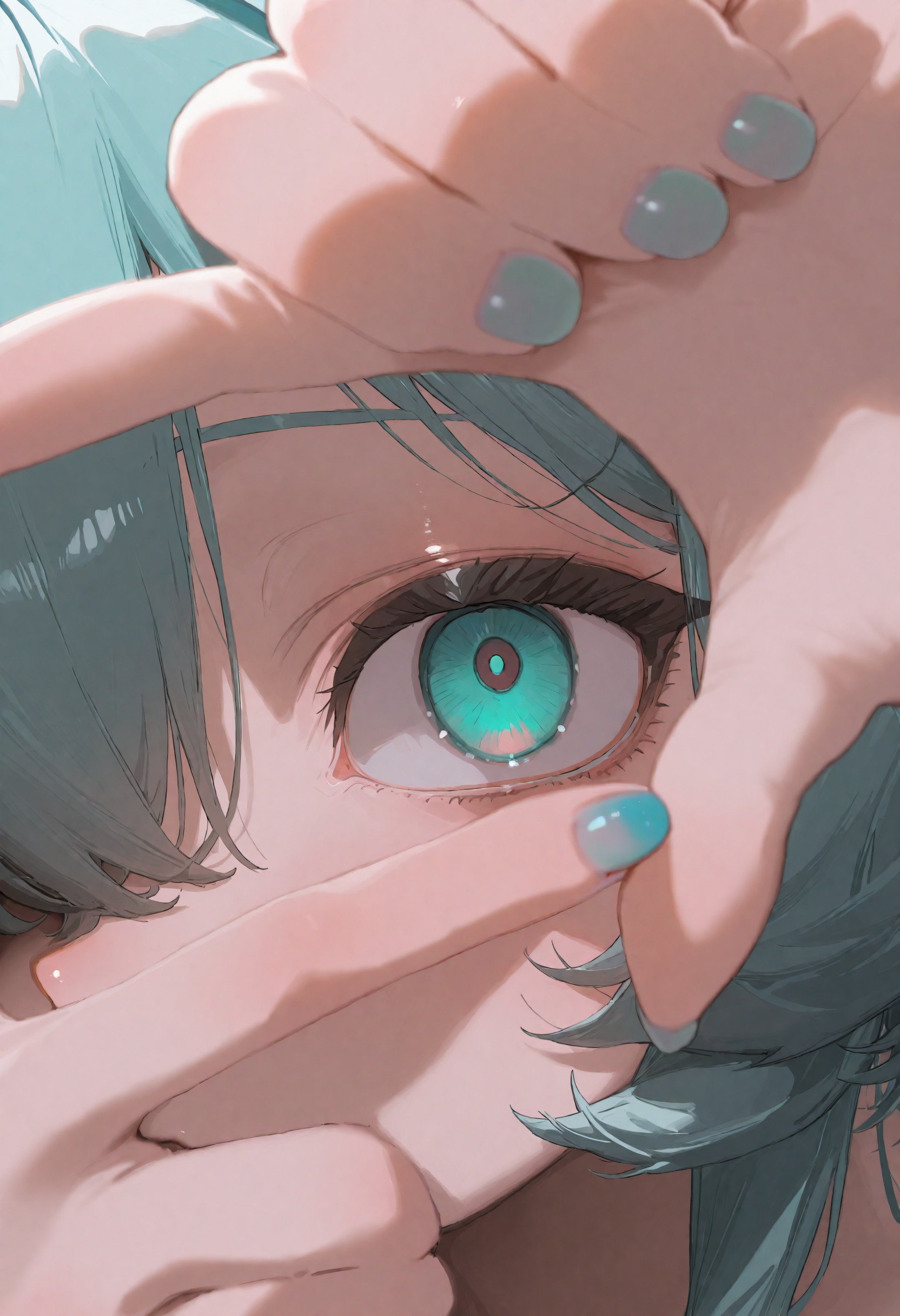 masterpiece, best quality, newest, absurdres, highres, very awa, anime screencap, no lineart, sketch:1.3, limited palette, 1girl, solo, from side, side angle, foreshortening, aqua nails, aqua hair, looking at viewer, close-up, portrait, detailed hands, one eye covered by hands, @_@, fingernails, hands up, hair between eyes, eye focus, detailed hands, finger frame, fingernails, hands up, aqua nails, finger frame over eye, close-up, (aqua:0.6) eyes, (crazy eyes):1.3, eye focus, finger frame, fingernails, hands up, aqua nails, finger frame over eye,