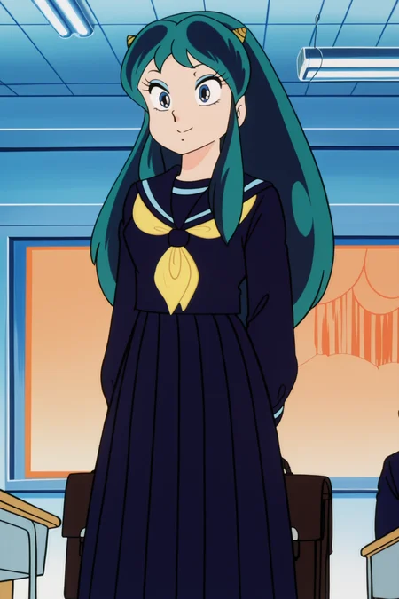 anime screencap, anime coloring, detailed face, masterpiece, best quality, very aesthetic, absurdres, volumetric lighting, official style, amazing quality, ultra detailed,  highres, amazing quality, scenery, beautiful detailed hair, beautiful detailed eyes,
in a classroom,
 <lora:Lum_Later_Studio_Pierrot_style:1>
Lum's uniform (outfit), Lum (character), 1girl, lum, school uniform, retro artstyle, solo, horns, 1980s (style), makeup, green hair, long hair, eyeshadow, serafuku, briefcase, anime coloring, school briefcase, blue eyes, looking at the viewer, smile