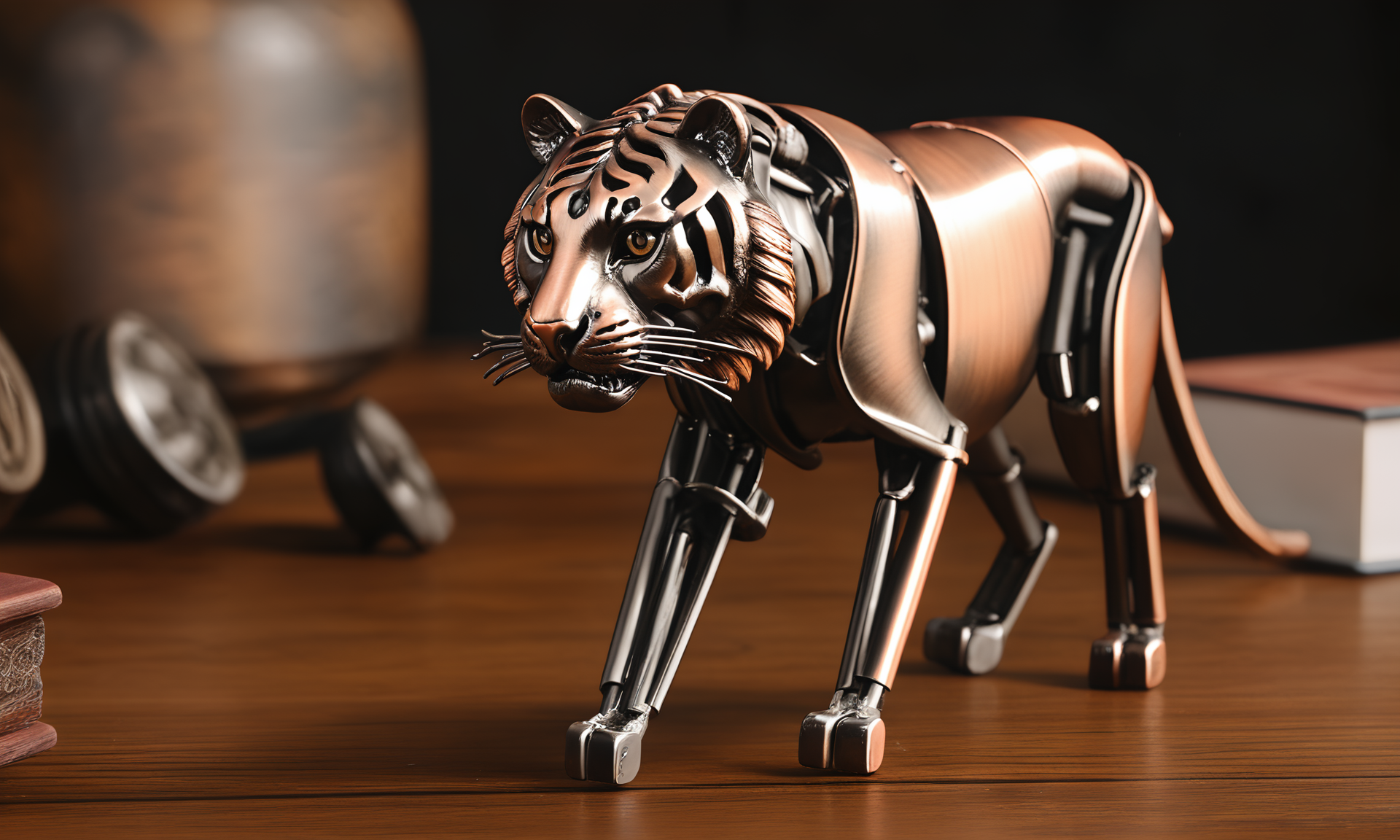 <lora:vintagemechcd_xl-000012:0.8>,a simple-structured tiger made of vintagemechcd_xl standing on wooden table,desktop ornament,detailed,hi-res photo,bronze theme,chinese zodiac,no humans,close-up,microspur,indoors,living room,simple background, emotional,harmonious,high budget,moody,epic,gorgeous,perfect lighting,realistic,photorealistic,photographic,photo (medium),real,moody lighting,volumetric lighting,reality ray tracing,8K,HDR,UHD,masterpiece,best quality,highly detailed,high resolution,finely detail,extremely detailed,ultra detailed,wallpaper