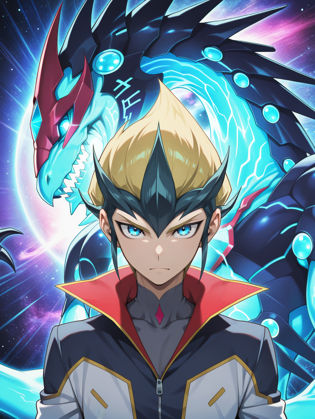 kite tenjo,galaxy-eyes photon dragon,1other,1boy,male focus,solo,upper body,closed mouth,white coats,teeth,galaxy,looking at viewer,grey high collar shirt,blue dragon,
masterpiece,best quality,amazing quality,very aesthetic,absurdres,newest,<lora:Galaxy-Eyes Prime Photon Dragon illuXL v2.3:0.75>,