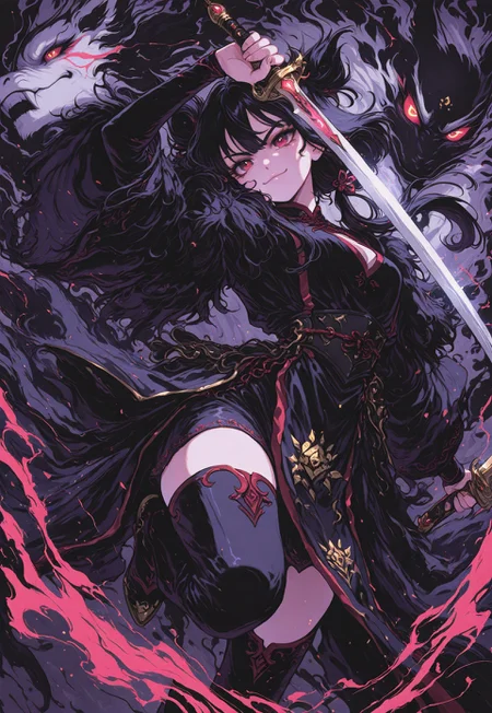 masterpiece, best quality, good quality, newest, highres, absurdres, ScribbleRay, 1girl, dramatic pose, dramatic angle, posing, smile, holding sword. one leg raised, Ethereal Brushstroke,dhjs,
melanch0ly, retro anime,CC_ChineseFantasy,
(oharu-chan:0.85), (shimashiro itsuki:1.2), <lora:illustriousXL_stabilizer_v1.23:0.3> <lora:NOOB_vp1_detailer_by_volnovik_v1:0.3> <lora:ponyv6_noobE11_2_adamW-000017:0.45> <lora:Illustrious:0.15> <lora:ma1ma1helmes_b-000014:0.6> <lora:MelancholyAnime:0.6> <lora:dhjs_0010-waiNSFWIllustrious_v110_V1-CAME:0.85>