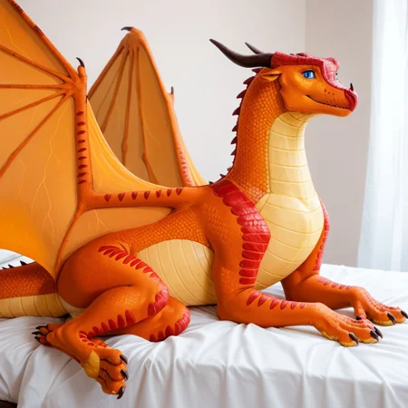 score_9, score_8_up, score_7_up, score_6_up, score_5_up, score_4_up, masterpiece, high quality, realistic, detailed, best quality, white bed, solo, rating_safe, source_furry, bedroom, smiling, seductive, looking at viewer, lying on belly, feral, peril_wof, skywing, dragon, orange scales, wings, horn, blue eyes, tail, claws, female, 1girl